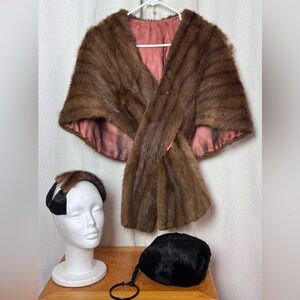 Vintage Mink Fur Stole Head Band & Hand Muff Lot Satin Lined Mid-Century 1950s